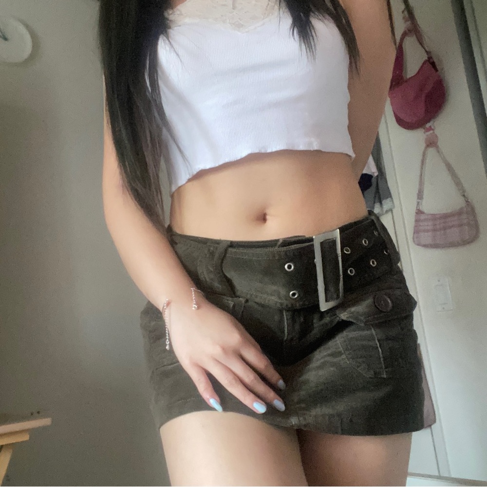 corduroy dark green buckle mini skort